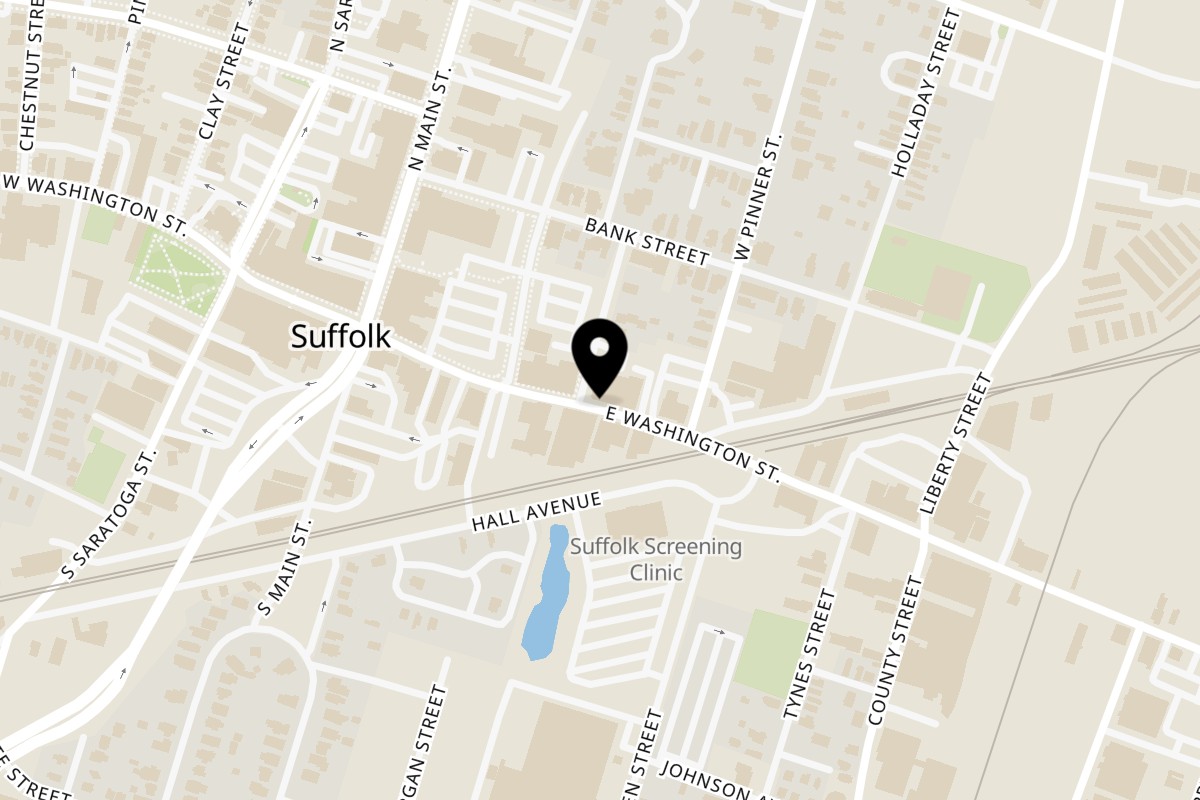 Map showing the location of Gourmet Burger Bistro on 202 E Washington St in Suffolk